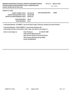 NEBRASKA DEPARTMENT OF REVENUE, PROPERTY ASSESSMENT DIVISION CERTIFIED RAILROAD APPORTIONMENT VALUE / WEIGHTING[removed]COUNTY LISTING FOR TAX YEAR 2013 File as of: