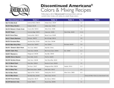 Discontinued Americana®  Colors & Mixing Recipes Following is a list of discontinued Americana colors and our current color mixes, with ratios, to create those colors.