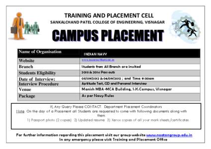 TRAINING AND PLACEMENT CELL SANKALCHAND PATEL COLLEGE OF ENGINEERING, VISNAGAR Name of Organisation Website Branch