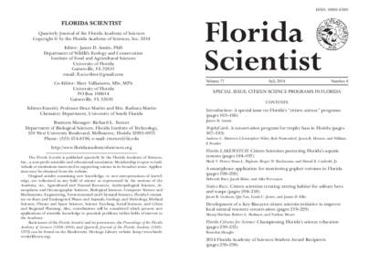 ISSN: FLORIDA SCIENTIST Quarterly Journal of the Florida Academy of Sciences Copyright © by the Florida Academy of Sciences, IncEditor: James D. Austin, PhD