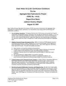 Clean Water Act 401 Certification Conditions for the Applegate Dam Hydroelectric Project