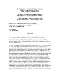 UNIVERSITY OF MASSACHUSETTS LOWELL CENTER FOR LOWELL HISTORY ORAL HISTORY COLLECTION LOWELL NATIONAL HISTORICAL PARK UNIVERSITY OF MASSACHUSETTS LOWELL ETHNOGRAPHIC STUDY OF LOWELL, MA: