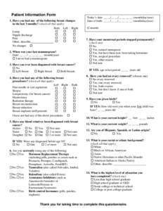 Patient Questionnaire – Reason for visit and Self-report of symptoms