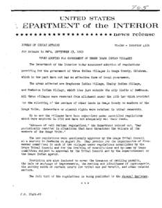 UNITED STATES  EPARTMENT of the INTERIOR * * * * * * * * * * * * * * * * * * * * * news BUREAU OF INDIAN AFFAIRS