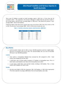 2013 Road Fatalities and Serious Injuries in South Australia There were 97 fatalities recorded on South Australian roads in 2013 this is 3 more than the 94 recorded in 2012 — this represents a 3% increase, although it 