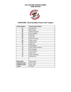 2014 ONTARIO WINTER GAMES TEAM ROSTER TEAM NAME: North Bay Major Peewee AAA Trappers Jersey Number 01