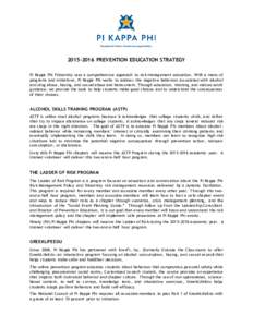 PREVENTION EDUCATION STRATEGY Pi Kappa Phi Fraternity uses a comprehensive approach to risk management education. With a menu of programs and initiatives, Pi Kappa Phi works to address the negative behaviors as