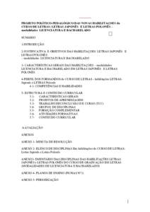 PROJETO POLÍTICO-PEDAGÓGICO DAS NOVAS HABILITAÇOES do CURSO DE LETRAS: LETRAS JAPONÊS E LETRAS POLONÊS – modalidades LICENCIATURA E BACHARELADO SUMÁRIO 1-INTRODUÇÃO 2-JUSTIFICATIVA E OBJETIVOS DAS HABILITAÇOES