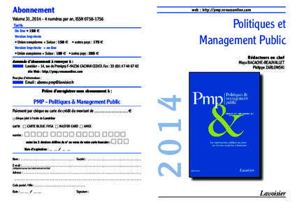 Abonnement  web : http://pmp.revuesonline.com Volume 31, numéros par an, ISSN