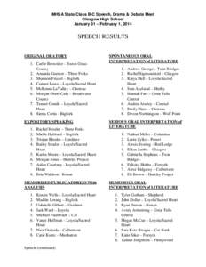 MHSA State Class B-C Speech, Drama & Debate Meet Glasgow High School January 31 – February 1, 2014 SPEECH RESULTS ORIGINAL ORATORY