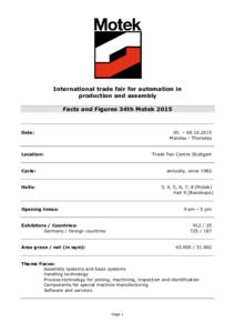 International trade fair for automation in production and assembly Facts and Figures 34th Motek 2015 Date: