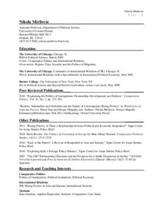 Nikola Mirilovic Page | 1 Nikola Mirilovic Assistant Professor, Department of Political Science University of Central Florida