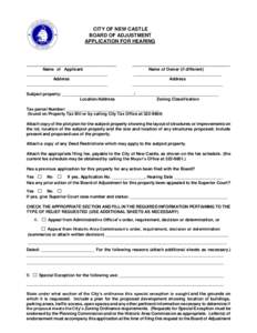 CITY OF NEW CASTLE BOARD OF ADJUSTMENT APPLICATION FOR HEARING ___________________________________