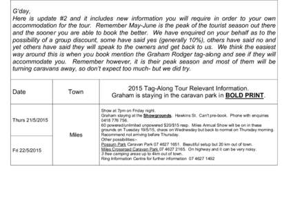 G‘day, Here is update #2 and it includes new information you will require in order to your own accommodation for the tour. Remember May-June is the peak of the tourist season out there and the sooner you are able to bo