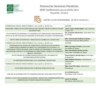 Ponencias Sesiones Paralelas XXIII Conferencia Anual AMPEI 2015 Mazatlán, Sinaloa JUEVES 12 DE NOVIEMBRE, 16.30 Ahrs. PONENCIAS MESA SIMULTÁNEA 1 dea 18:30 hrs.