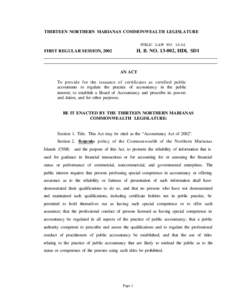 THIRTEEN NORTHERN MARIANAS COMMONWEALTH LEGISLATURE PUBLIC LAW NOH. B. NO, HDl, SD1  FIRST REGULAR SESSION, 2002