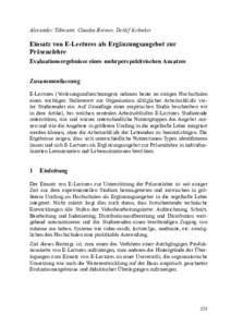 Alexander Tillmann, Claudia Bremer, Detlef Krömker  Einsatz von E-Lectures als Ergänzungsangebot zur Präsenzlehre Evaluationsergebnisse eines mehrperspektivischen Ansatzes