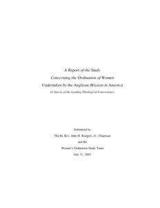 A Report of the Study Concerning the Ordination of Women Undertaken by the Anglican Mission in America