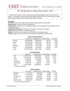 The Average Big Las Vegas Strip Casino, 2014 In fiscal 2013, 23 casinos in the Las Vegas Strip area produced gaming revenue of more than $72 million. The averages for several key financial statistics produce a picture of