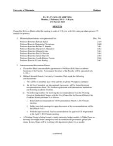 University of Wisconsin  Madison FACULTY SENATE MEETING Monday, 3 February 2014 – 3:30 p.m.