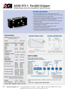 AGWParallel Gripper  Wide-Body, Synchronous/Non-Synchronous FEATURES AND BENEFITS • Ultra high gripping force to weight ratio due to four opposing independent pistons that direct power to the jaws.