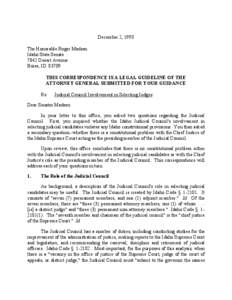 December 2, 1993 The Honorable Roger Madsen Idaho State Senate 7842 Desert Avenue Boise, ID[removed]THIS CORRESPONDENCE IS A LEGAL GUIDELINE OF THE