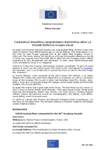 EUROPEAN COMMISSION  PRESS RELEASE Brussels, 3 March[removed]Fantastico! Vassiliou congratulates Sorrentino after La