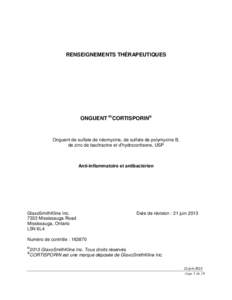 RENSEIGNEMENTS THÉRAPEUTIQUES  ONGUENT PrCORTISPORIN® Onguent de sulfate de néomycine, de sulfate de polymyxine B, de zinc de bacitracine et d’hydrocortisone, USP