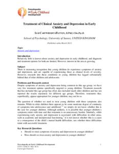 Treatment of Clinical Anxiety and Depression in Early Childhood