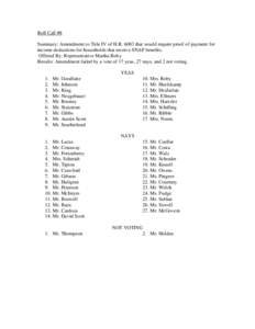 Roll Call #8 Summary: Amendment to Title IV of H.R[removed]that would require proof of payment for income deductions for households that receive SNAP benefits. Offered By: Representative Martha Roby Results: Amendment fail