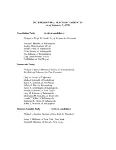2012 PRESIDENTIAL ELECTOR CANDIDATES (as of September 7, 2012) Constitution Party  (write-in candidates)