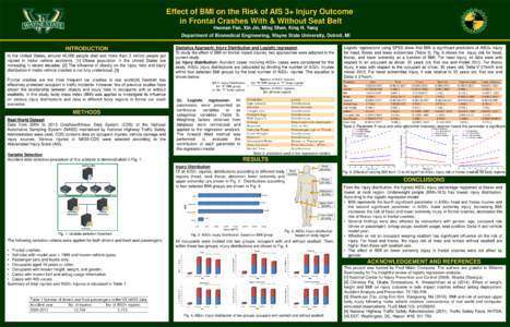 Effect of BMI on the Risk of AIS 3+ Injury Outcome in Frontal Crashes With & Without Seat Belt Haonan Fan, Xin Jin, Ming Shen, King H. Yang Department of Biomedical Engineering, Wayne State University, Detroit, MI  INTRO