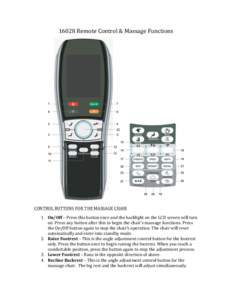 16028	
  Remote	
  Control	
  &	
  Massage	
  Functions	
    	
   CONTROL	
  BUTTONS	
  FOR	
  THE	
  MASSAGE	
  CHAIR	
   1. On/Off	
  –	
  Press	
  this	
  button	
  once	
  and	
  the	
  backlig