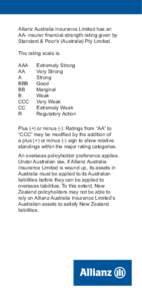 Allianz Australia Insurance Limited has an AA- insurer financial strength rating given by Standard & Poor’s (Australia) Pty Limited. The rating scale is: AAA 	 AA