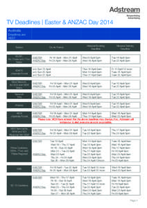    TV Deadlines | Easter & ANZAC Day 2014 Australia Deadlines are AEDT