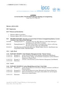 ---CURRENT AS OF 17 JUNE 2011---  	
   AGENDA for the Joint IPCC WGI/WGII/WGIII Expert Meeting on Geoengineering Lima, Peru, 20-22 June 2011