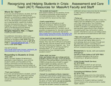 Recognizing and Helping Students in Crisis: Assessment and Care Team (ACT) Resources for MassArt Faculty and Staff Where Do I Start? If you are concerned about a student, don’t let uncertainty stop you from taking acti