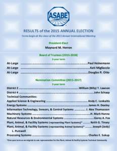 RESULTS of the 2015 ANNUAL ELECTION Terms begin at the close of the 2015 Annual International Meeting President-Elect  Maynard M. Herron