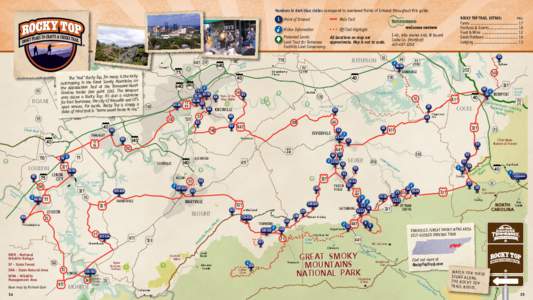 Numbers in dark blue circles correspond to numbered Points of Interest throughout this guide.  1 Point of Interest rocky top Trail Extras: