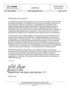 Hyundai Motor Manufacturing Alabama / OHSAS 18001 / Safety / Safe Work Procedure / Occupational safety and health / Ethics / Hyundai Kia Automotive Group