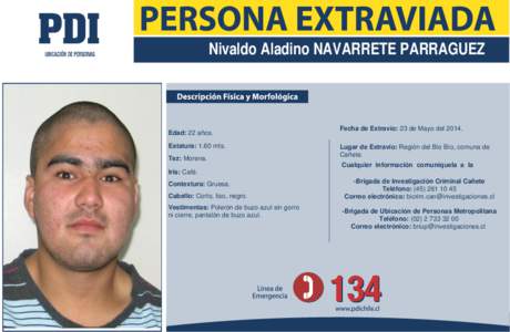 Nivaldo Aladino NAVARRETE PARRAGUEZ  Edad: 22 años. Estatura: 1.60 mts. Tez: Morena.