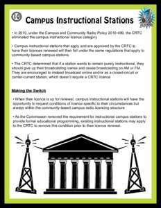 10  Campus Instructional Stations • In 2010, under the Campus and Community Radio Policy[removed], the CRTC eliminated the campus instructional licence category