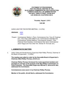 STATEMENT OF PROCEEDINGS FOR THE SPECIAL MEETING OF THE BLUE RIBBON COMMISSION ON CHILD PROTECTION KENNETH HAHN HALL OF ADMINISTRATION 500 WEST TEMPLE STREET, ROOM 381B LOS ANGELES, CALIFORNIA 90012