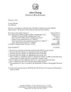 John Chiang California State Controller February 4, 2011 County Officials City Officials Below is a reconciliation of the December 2010 Motor Vehicle License Fee (MVLF)