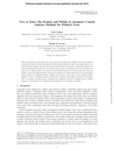 Political Analysis Advance Access published January 22, 2013  Political Analysis[removed]pp. 1–31 doi:[removed]pan/mps028  Text as Data: The Promise and Pitfalls of Automatic Content