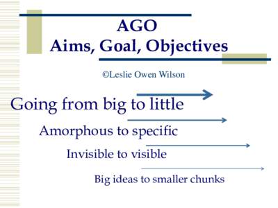 AGO Aims, Goal, Objectives ©Leslie Owen Wilson Going from big to little Amorphous to specific