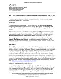 Natural Resources Conservation Service National Water and Climate Center 101 SW Main Street, Suite 1600 Portland, OR[removed]May 1, 2002 Western Snowpack Conditions and Water Supply Forecasts