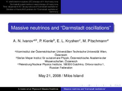 K–shell electron capture (EC) decays of H–like heavy ions Darmstadt experiments on weak decays of heavy ions Time–dependent EC–decay rates and “Darmstadt oscillations” Solution of KamLAND problem for “Darms