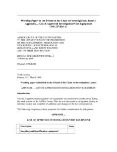 Working Paper by the Friend of the Chair on Investigations Annex : Appendix...: List of Approved Investigation/Visit Equipment (WP.237/Rev.1) AD HOC GROUP OF THE STATES PARTIES TO THE CONVENTION ON THE PROHIBITION
