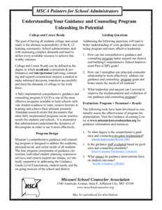 MSCA Pointers for School Administrators Understanding Your Guidance and Counseling Program Unleashing its Potential College and Career Ready  Guiding Questions